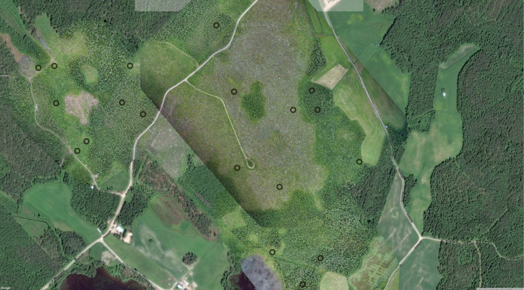 Maaseutu 2.0 -hankkeen artikkeli, kuva 1: Honkakankaan kolme lento-alueet orthokuvina sekä Metsäkeskuksen koealat (mustat ympyrät), pohjana Google Maps satelliittikartasto