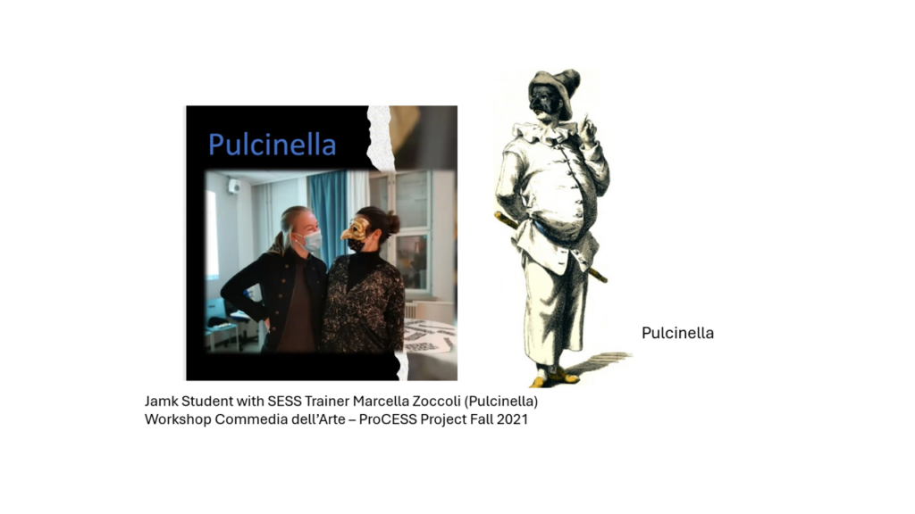 Figure shows an image of the training in Fall 2021 and the character of Pulcinella.