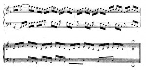 J.S.Bach: Preludi numero 15 G,( BWV 860) tahdit 16-19. Nuottiviivastot ja nuotteja. 